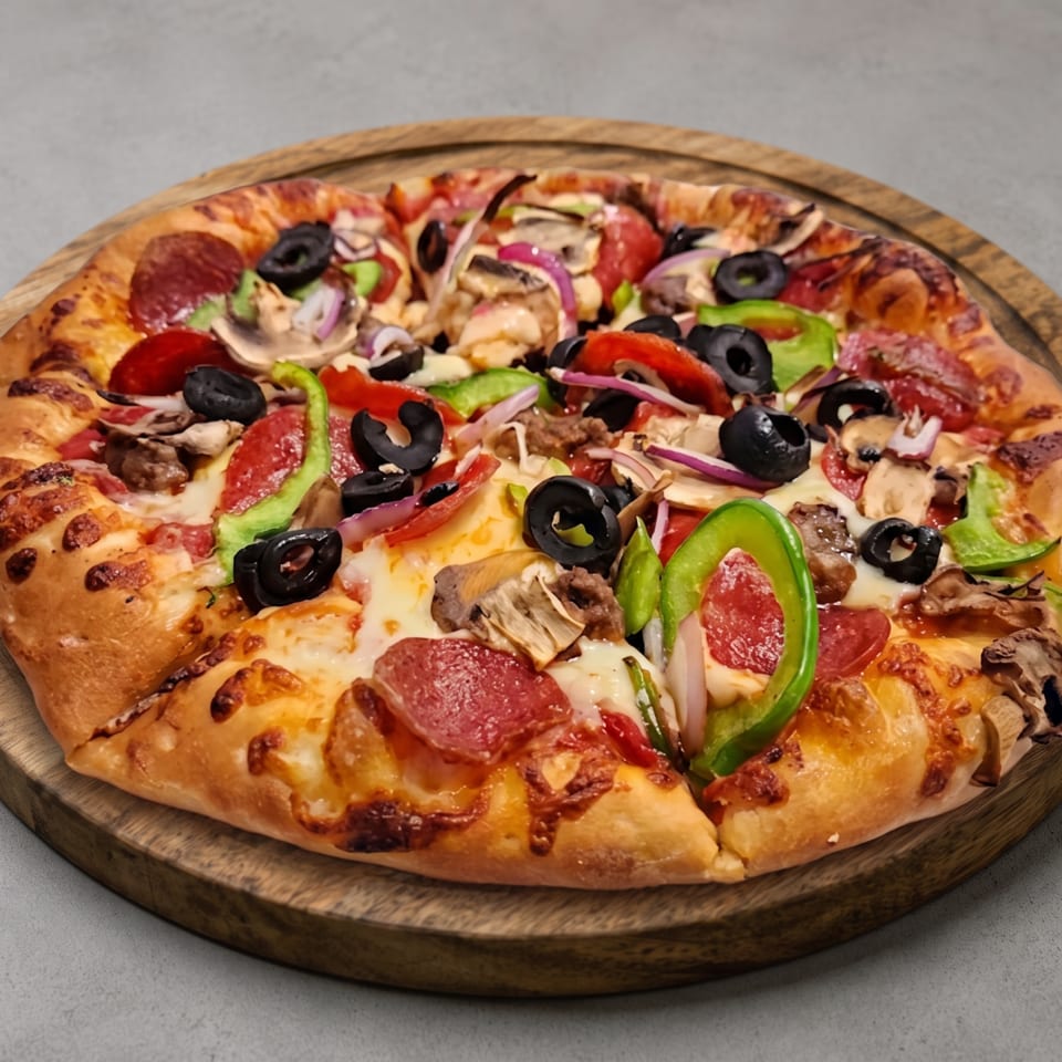 A whole pizza with pepperoni, olives, green peppers, mushrooms, and onions on a wooden board.