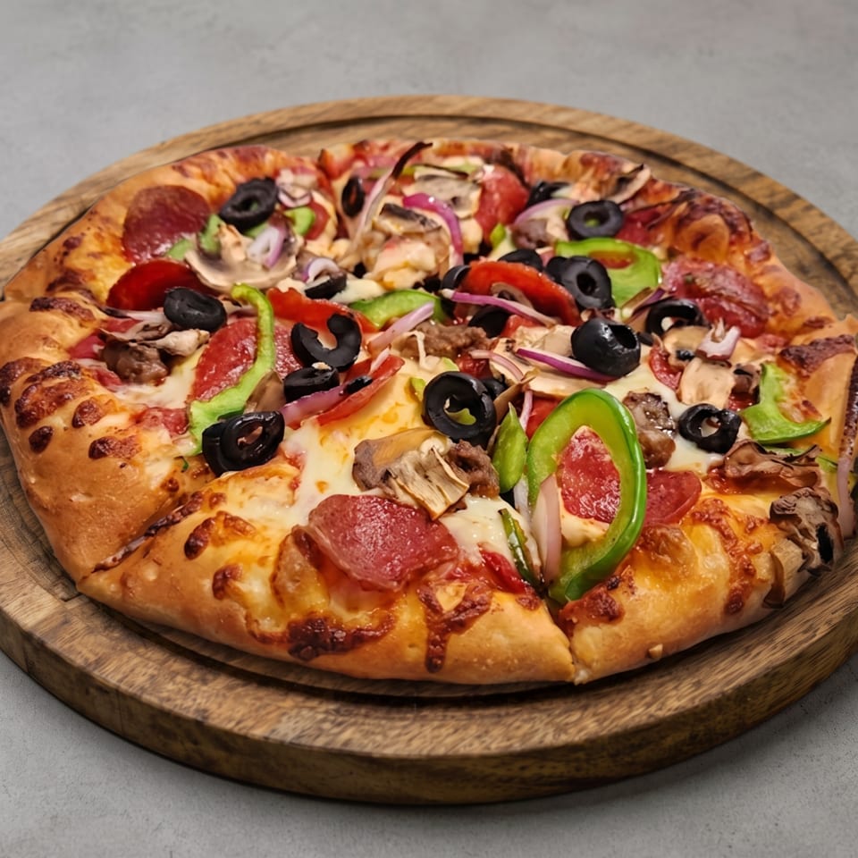 A whole supreme pizza with pepperoni, olives, peppers, and mushrooms on a wooden board.