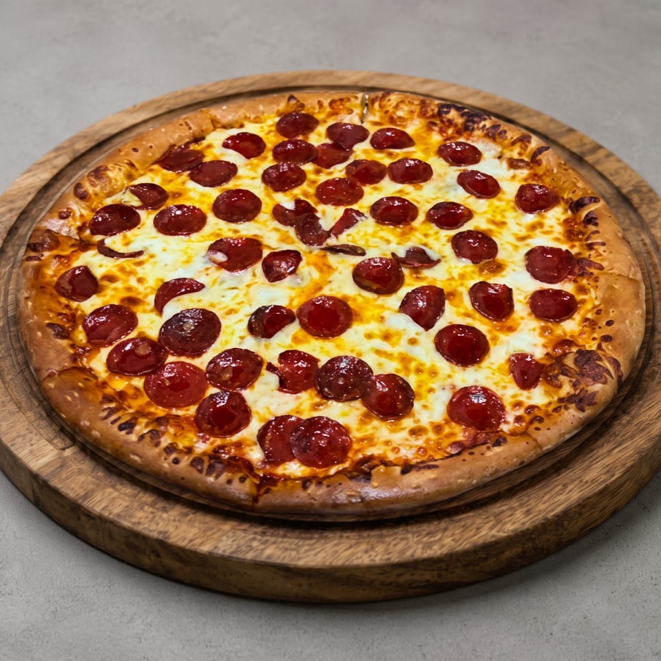 A whole pepperoni pizza with melted cheese on a round wooden board against a gray background.