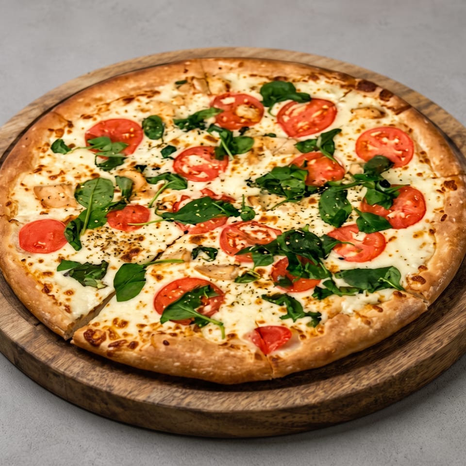 A whole pizza with white sauce, tomatoes, spinach, and chicken on a wooden board.