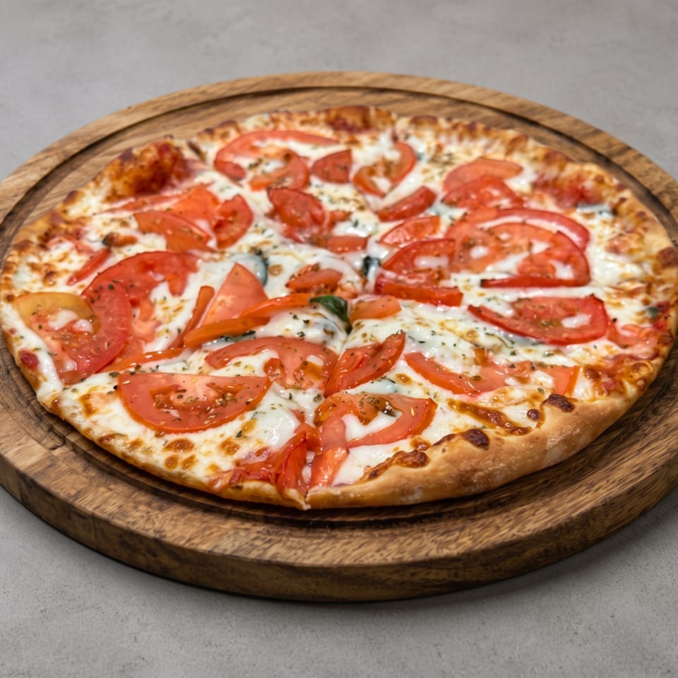 A whole pizza with sliced tomatoes and melted cheese on a round wooden board.